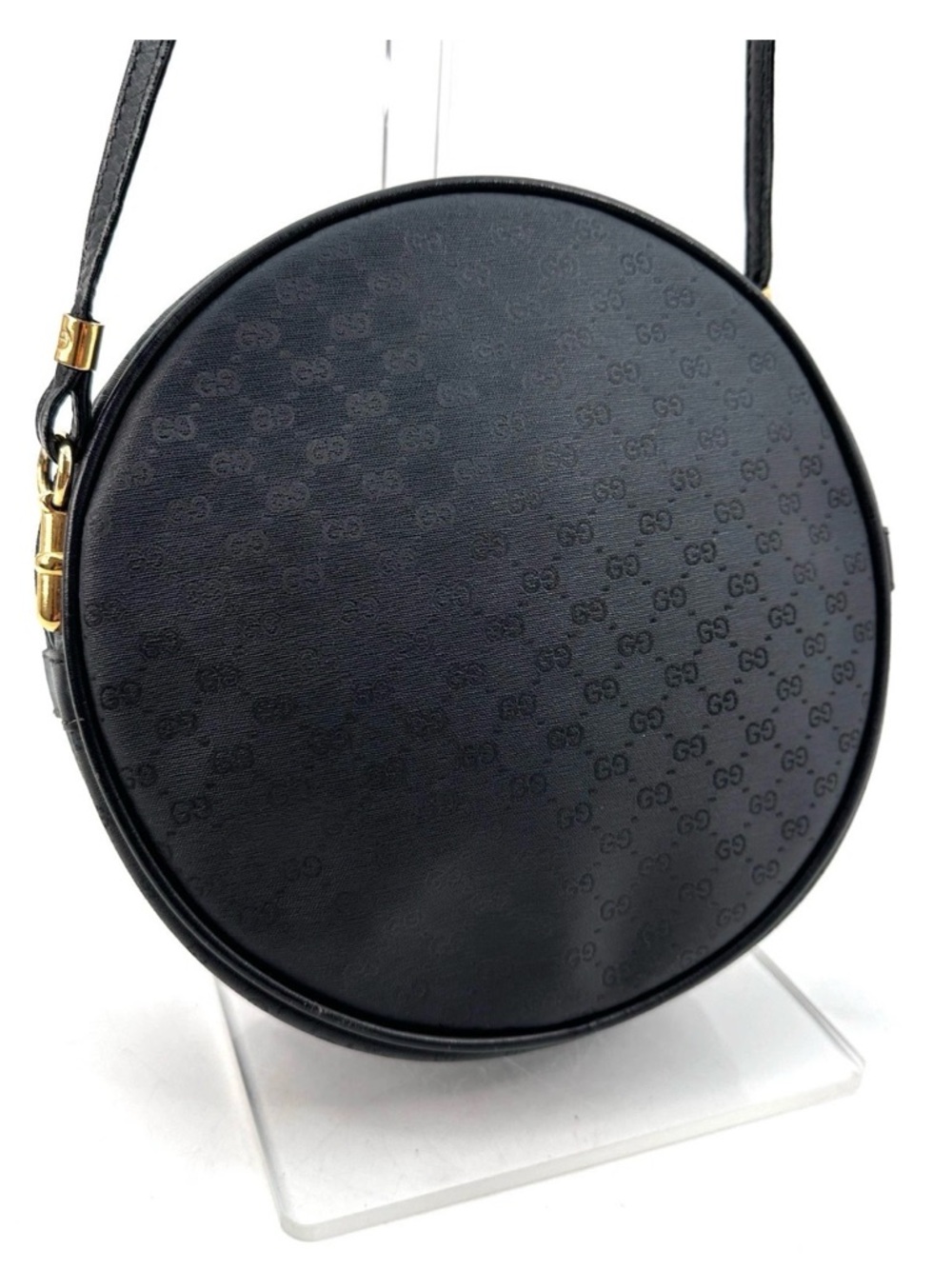 Gucci Vintage Black GG Monogram Round Crossbody Bag PVC Leather Gold Hardware - Picture 6 of 16